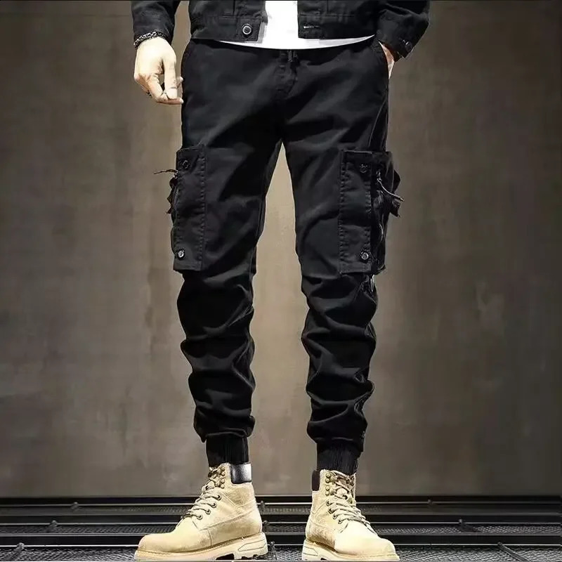 Retro American khaki mens drilling cargo pants fashionable slim fit casual small foot binding tactics 240827