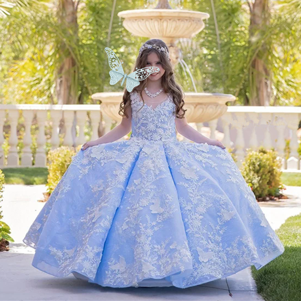 Sky Blue Dream Sleeveless Lace Flower Girl Dresses Tulle Appliques Floor Length Formal Kid Dress Weddings Sheer Neck Ball Gown Kids Birthday Party Gow