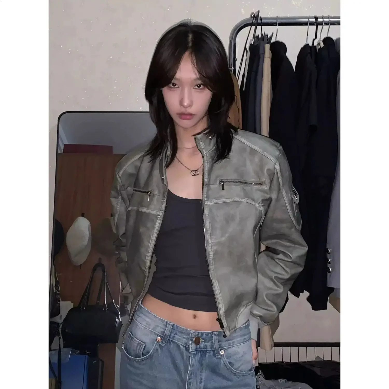 Retro Short Leather Jacket Autumn n Vertical Collar Zipper Gothic Vertical Collar Bomber Jacket 240827
