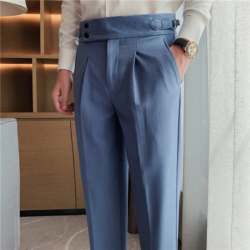 Dating office mens Naples Lamian Noodles high waist straight leg pants striped curly hem casual suit pants spring/summer 240828