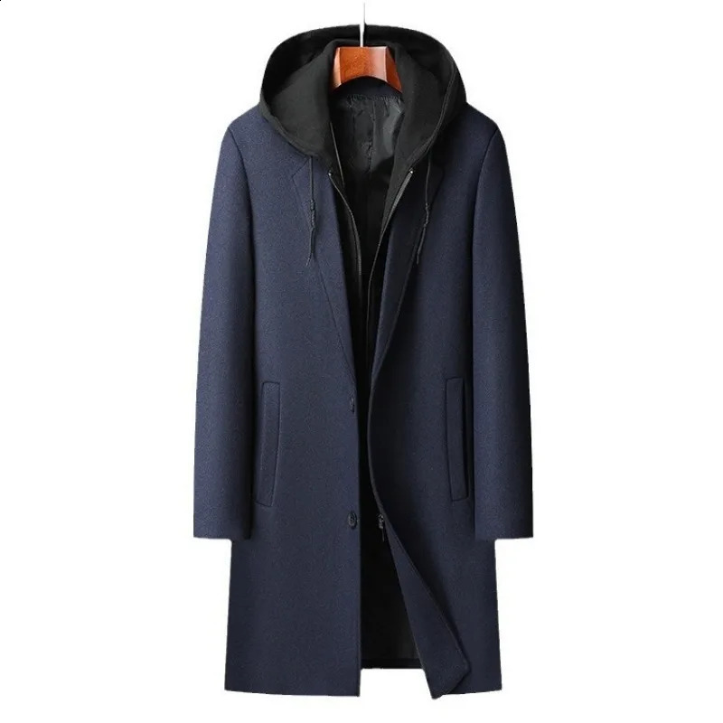 Mens hooded wool blended cashmere long coat trench mens winter business casual jacket size 4XL 240827
