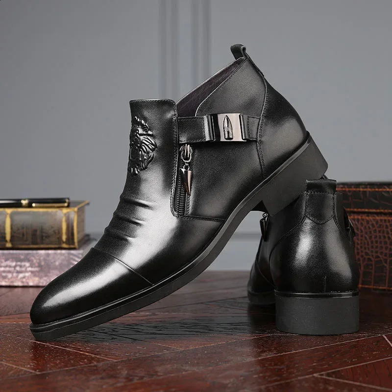 High Top Men Shoes Autumn Mens Casual Leather Shoes Double Sided Zippered Boots Man Ankle Boots Pointed Toe Low 1cm-3cm 240819