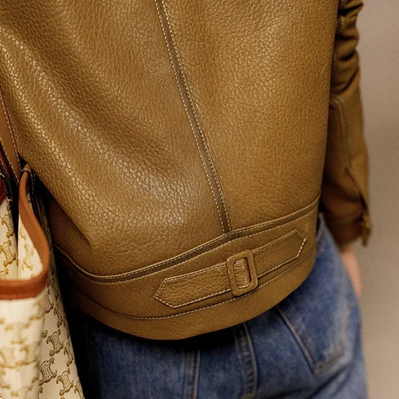 Spring and autumn single chest leather jacket for women short and slim fit motorcycle leather jacket for women brown collar PU jacket for women 240827