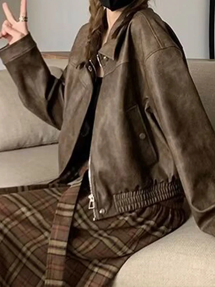 American retro style elastic waist lapel long sleeved fashionable warm jacket leather jacket 240827