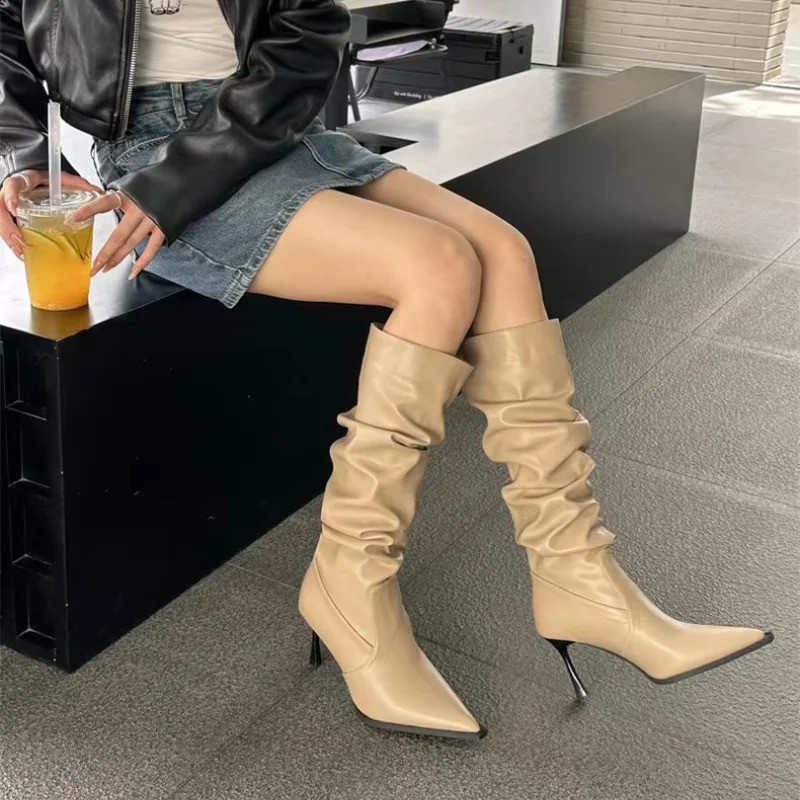 2024 Sexy Winter Womens High Boots Fashion Dot Toe Stiletto High Heels Long Boots Womens Elegant Knee High Boots 240827