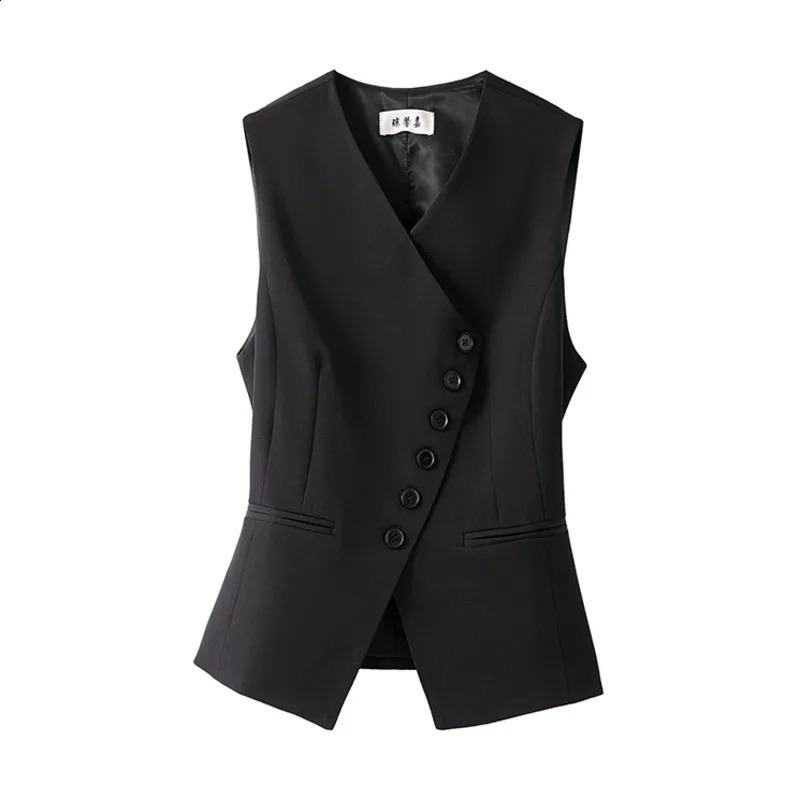 Wxw0729 black jacket womens V-neck ultra-thin asymmetric jacket womens short sleeved sleeveless vest single chest spring 240828