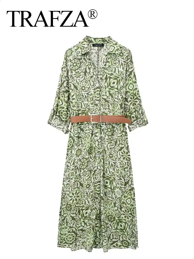 TRAFZA Womens Fashion Shirt Dress with Long Sleeve Collar Retro Button Up Floral Print Elegant Midi 240828