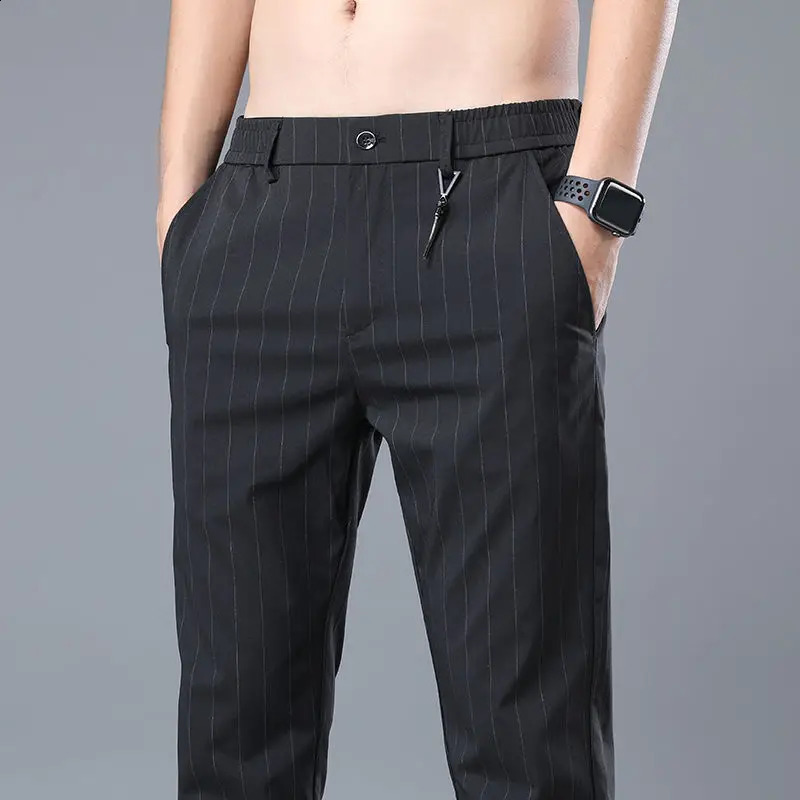 Korean printed striped straight suit mens button zipper pocket summer casual Trouser 240828