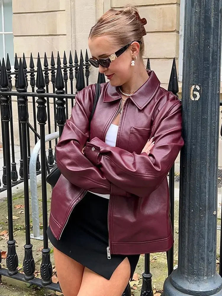 Womens red lapel zipper leather cut jacket chic retro loose casual short jacket autumn fashion motorcycle leather top 240827
