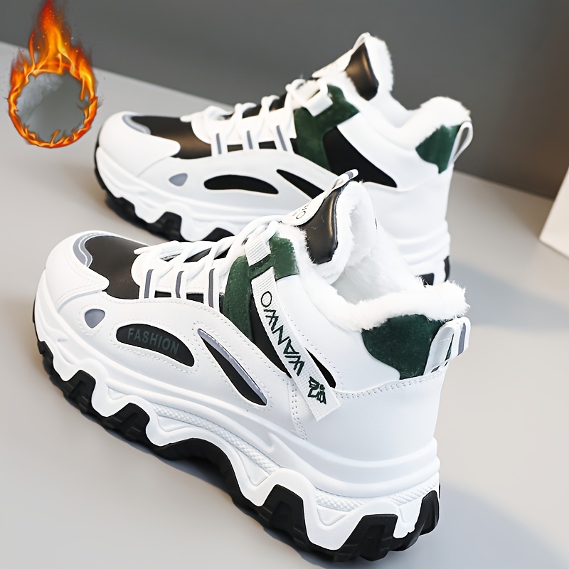 Cozy Winter High-top Sports Sneakers - Soft Plush Inner, Comfortable Platform, Lace-up Closure, Fashionable Chunky Design, Perfect for Outdoor Activit