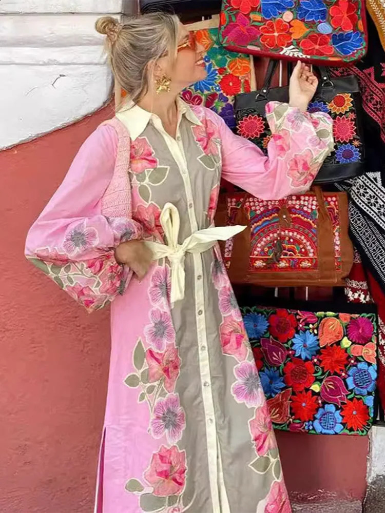 Fashionable floral symmetrical printed long skirt for women fashionable lapel puff single breasted dress womens split sleeved shirt robe 240828