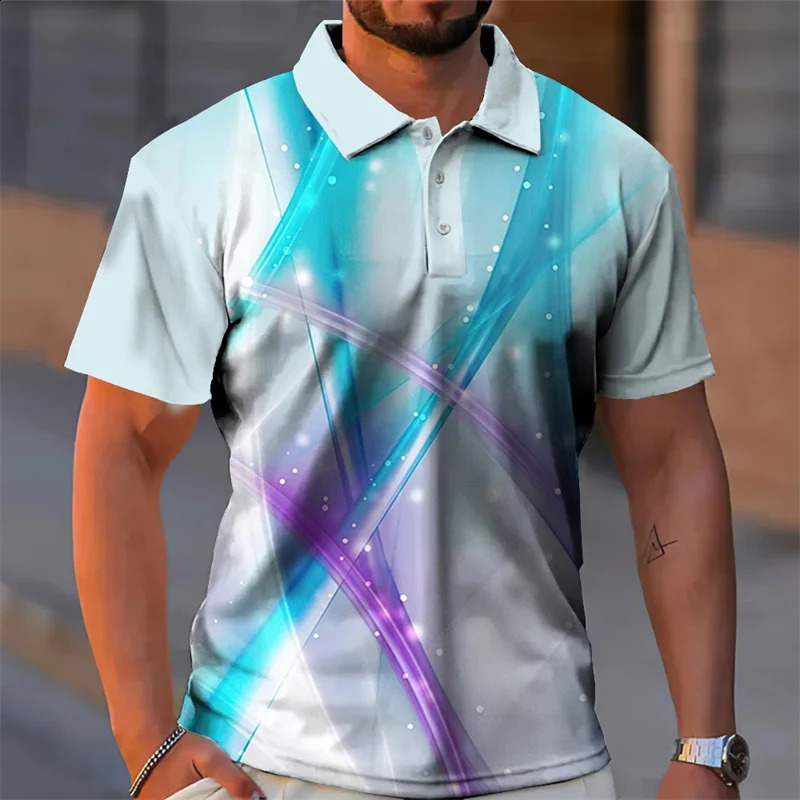 Colorful light pattern mens summer polo shirt 3D loose oversized street lapel button fashion trend 240828