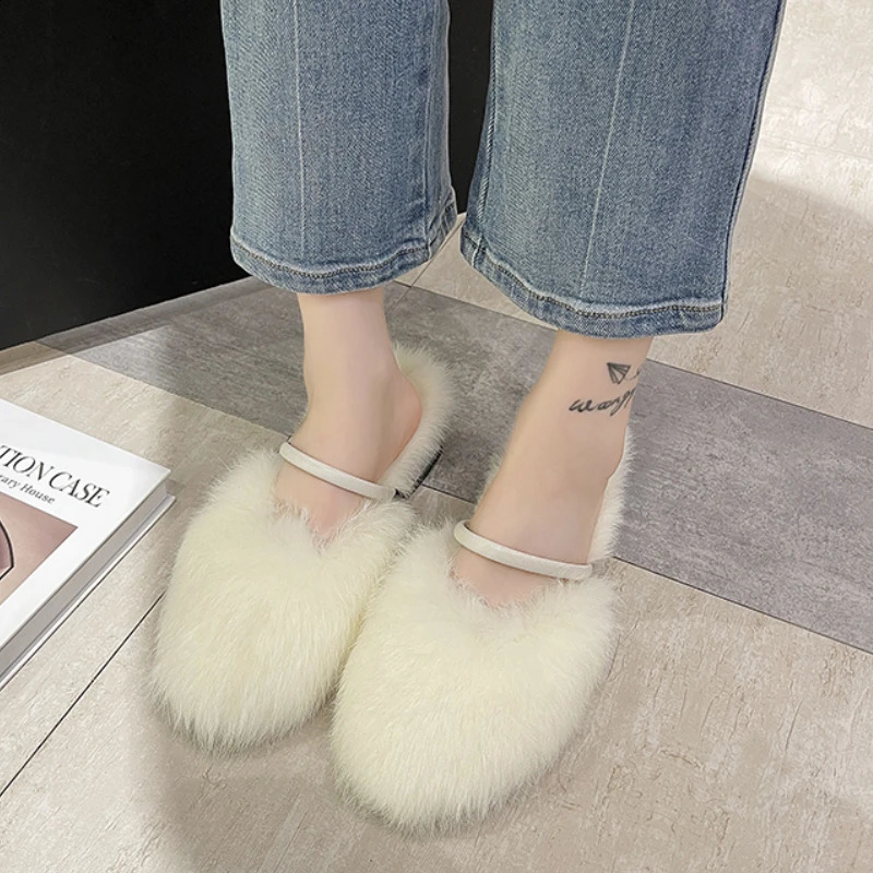 Rimocy comfortable soft fur mule slider womens autumn and winter square high heels warm plush slider womens high heels artificial fur slider 240827