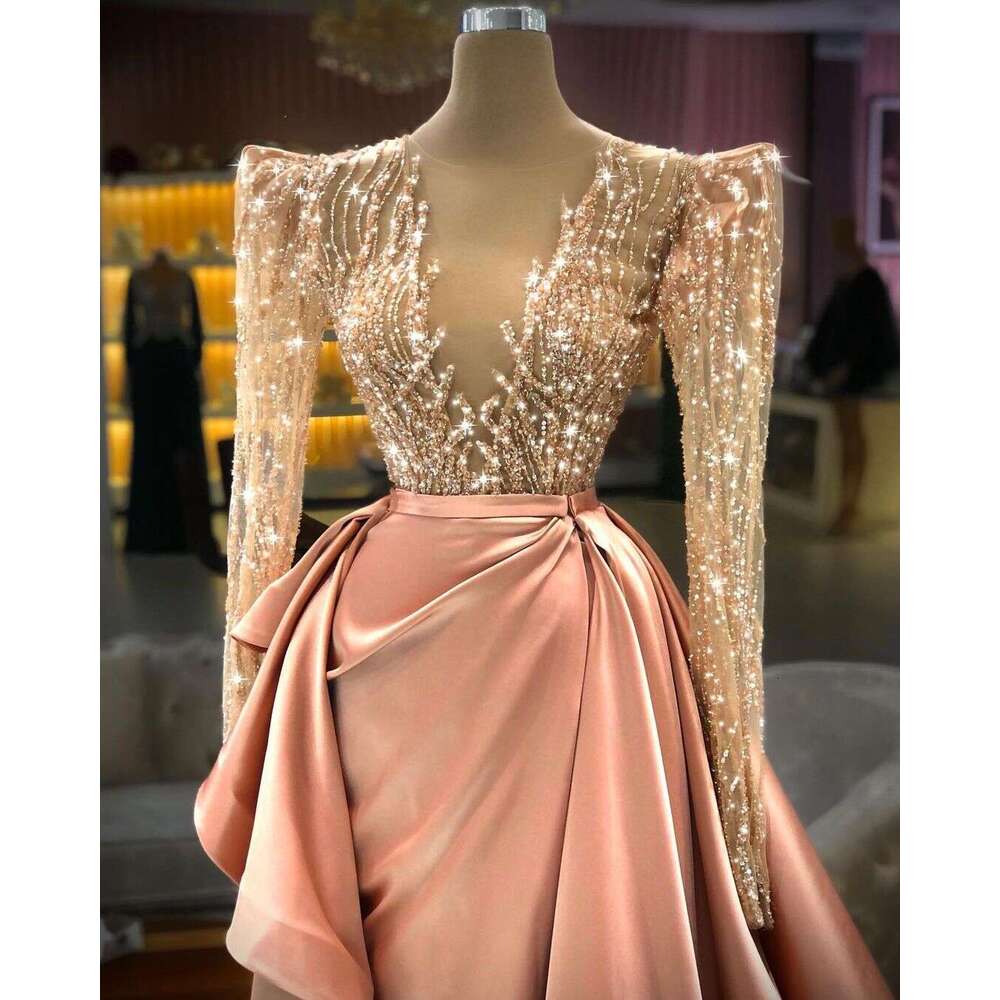New Sparkg Elegant Gowns Long Sleeves Crystals V-Neck Women Formal Party Night Dresses Plus Size Custom