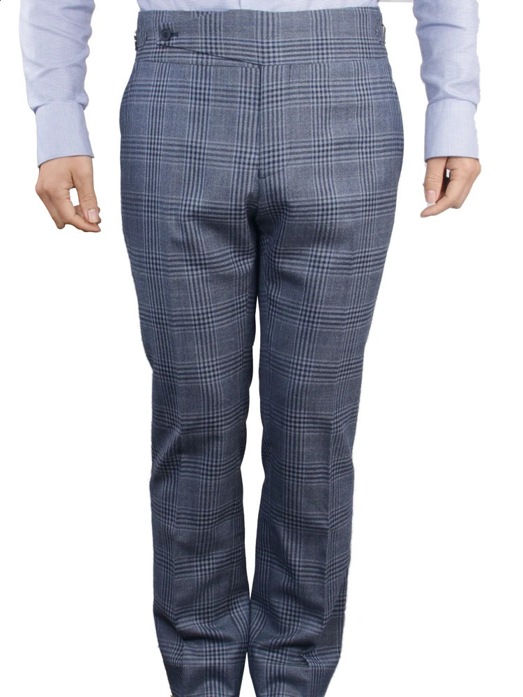 Italian Neapolitan style custom Trouser large elongated label fastening strap thick waistband side adjustable blue grey plain weave tailor 240828