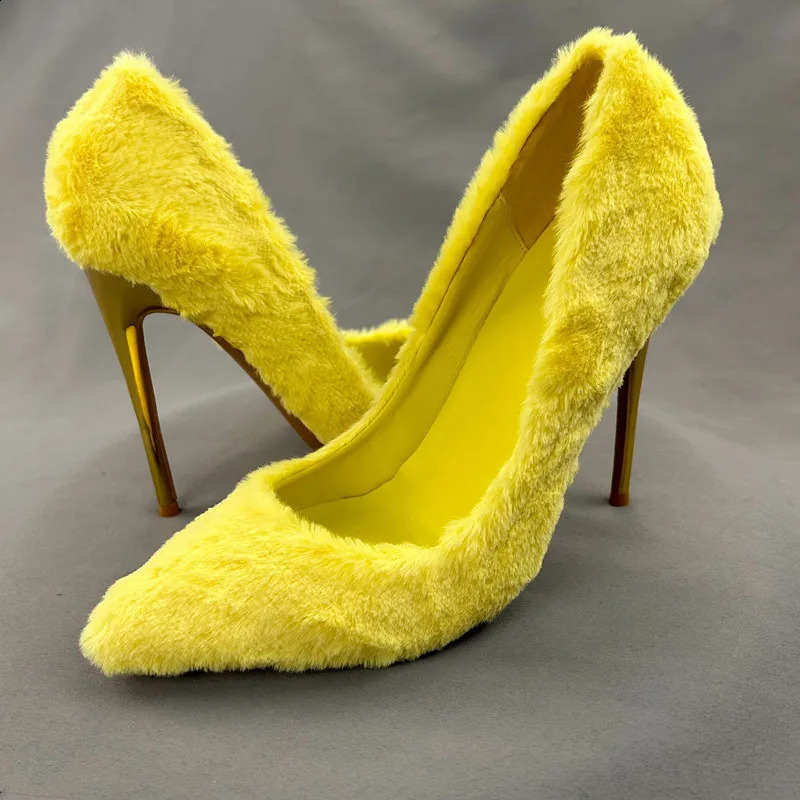 Yellow faux fur wedding shoes high heels pump womens pointed toes shallow party dress slim high heels plush high heels 12cm 240827