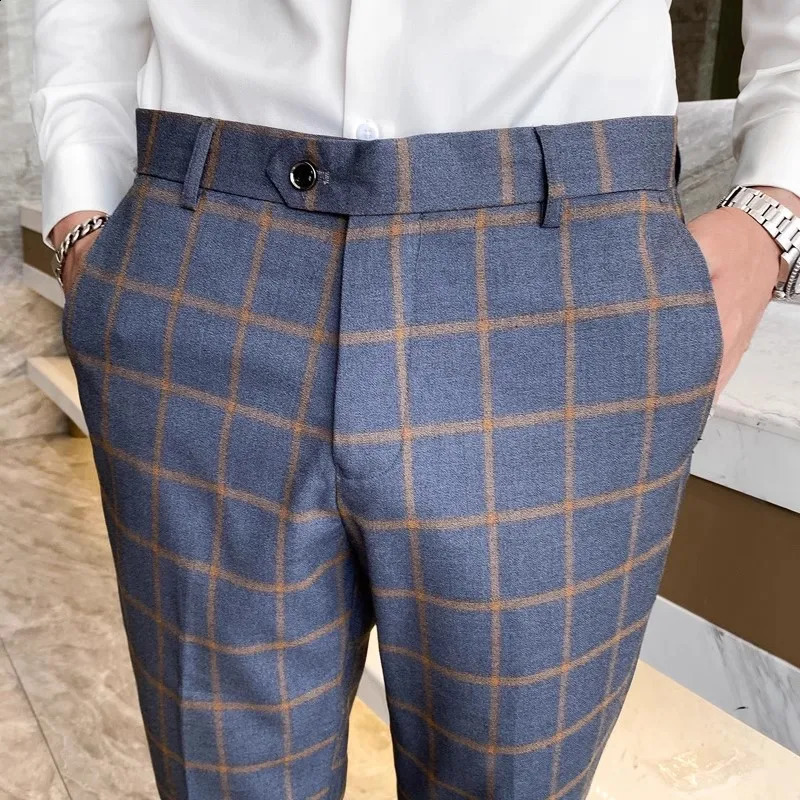 Brand Mens Striped Flat Pants Four Seasons High Quality Business Close Up Light Grey Straight 240827