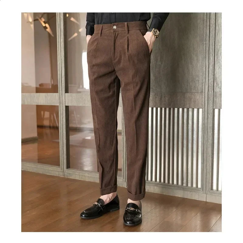British Style Men High Waist Casual Dress Pant Belt n Slim Trousers Formal Office Social Wedding Party Suit Pants 240827