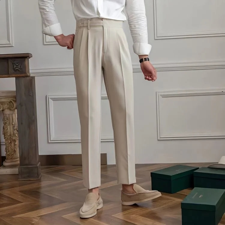 Summer Thin Button Business Tapered Trousers Apricot Versatile Naples Mens Casual High Waist Set Pants Grey Black Korean 240828