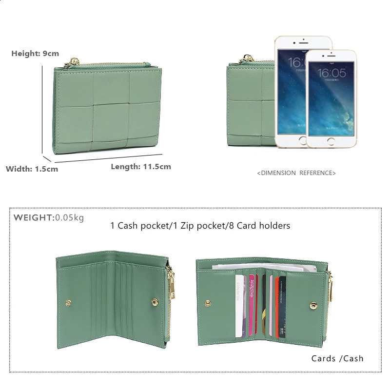 Real Lambskin Leather Woven Short Wallet Women Mini Portable Coin Purses Cash Note Card Multi Pockets 240828