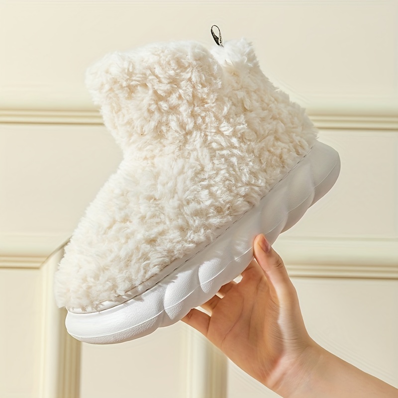 Women's solid color plush slippers, high-top round-toe non-slip thick-soled plush warm shoes, comfortable indoor shoes and snow boots in winter