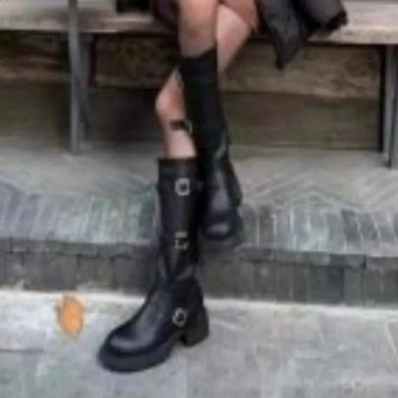 High Quality Womens Shoes Belt Buckle Womens Boots Fashion Solid Modern Boots Women Round Toe Knee-High Boots 240826
