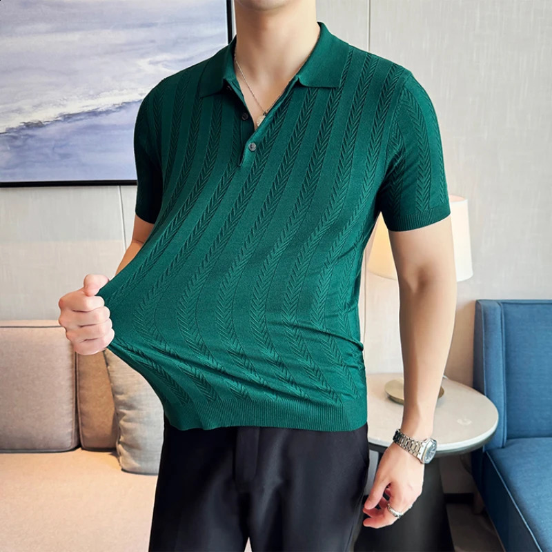 Mens business casual solid color polo shirt mens Word woven thin stripe short sleeved sweater Stretchable breathable Tshirt 240828