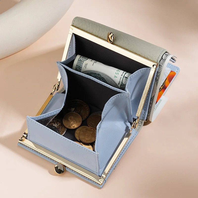 Women Kiss Lock Wallet Short Leather Kiss Clasp Metal Frame Coin Purse Small Card Holder Rfid Blocking Trifold Wallets for Women 240828