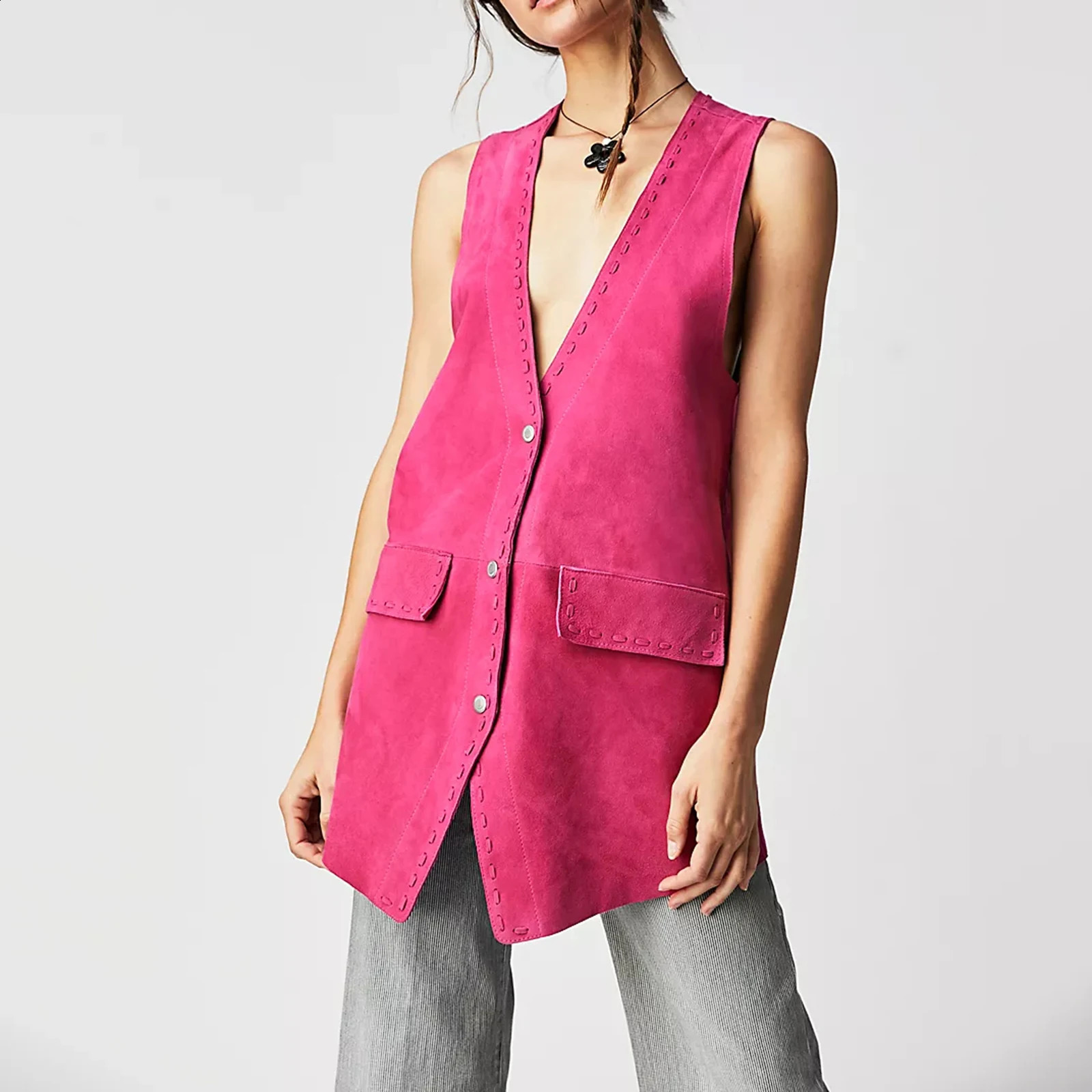 Hirigin womens casual Y2k vest sleeveless V-neck button down jacket retro solid color street vest 240828