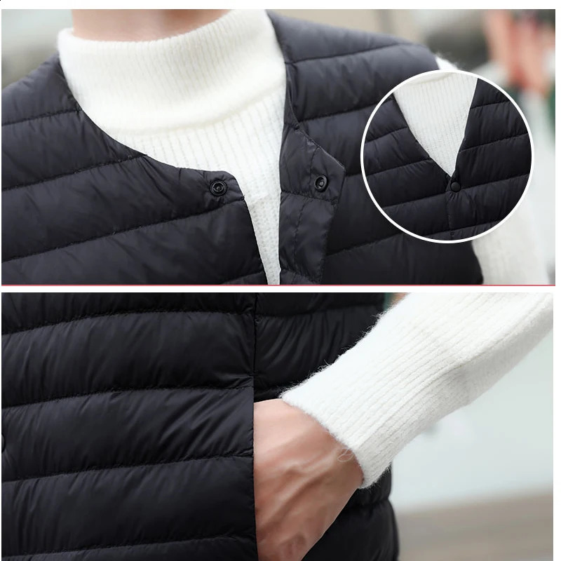 Mens sleeveless Vneck vest for winter warmth 90% duck down lining jacket mens Oneck 240827