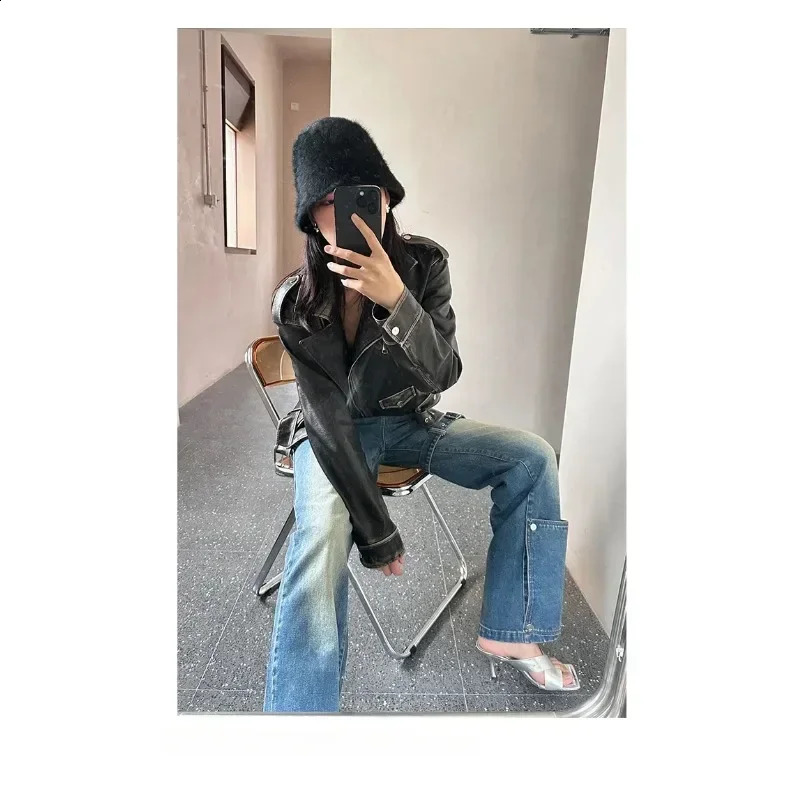 Womens streetwear vintage leather jacket retro bicycle jacket spring style womens fashion ultra-thin zipper short top gothic clothing jacket 240827