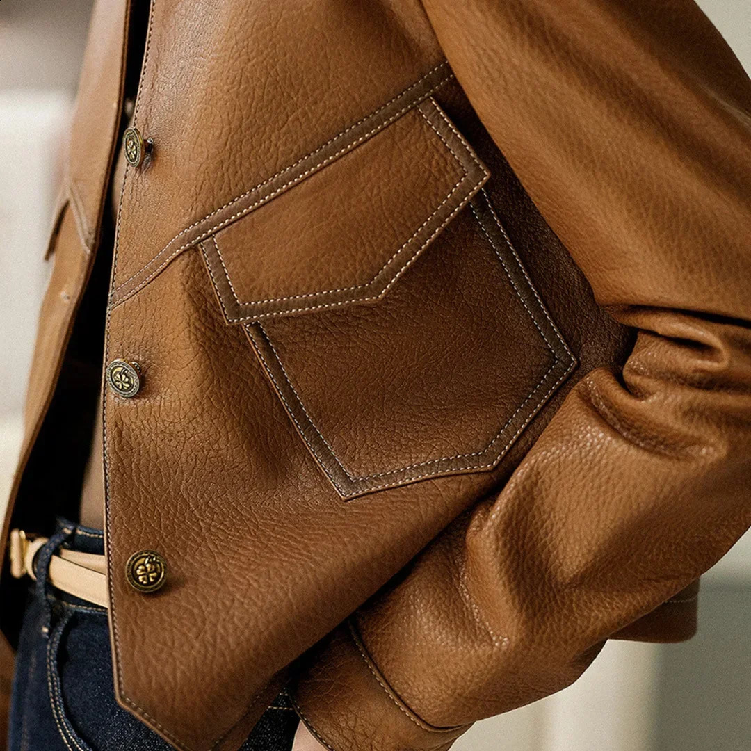 Spring and autumn single chest leather jacket for women short and slim fit motorcycle leather jacket for women brown collar PU jacket for women 240827