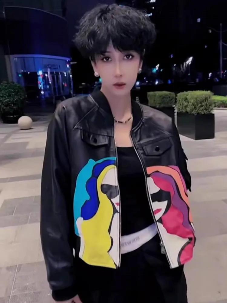 Fashion womens zipper holder collar color printed bomber jacket spring and autumn short style sheepskin leather jacket 240827