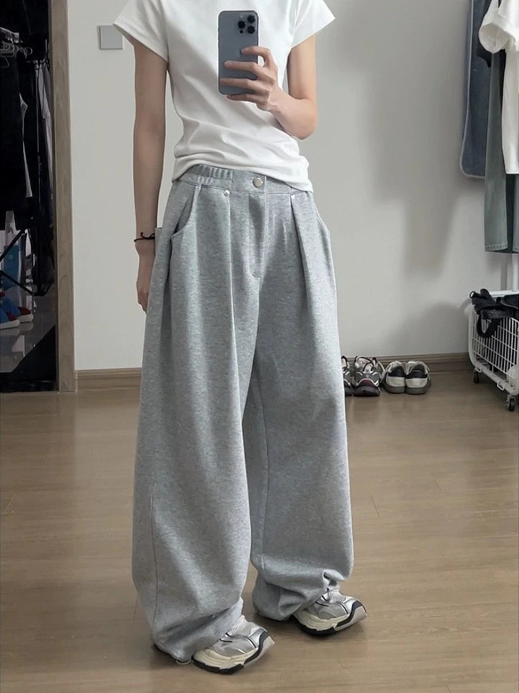 HOUZHOU Vintage Baggy Sweatpants Women Autumn Y2k Korean Loose Wide Leg Zipper Fly Casual Sports Pants Streetwear Z260314