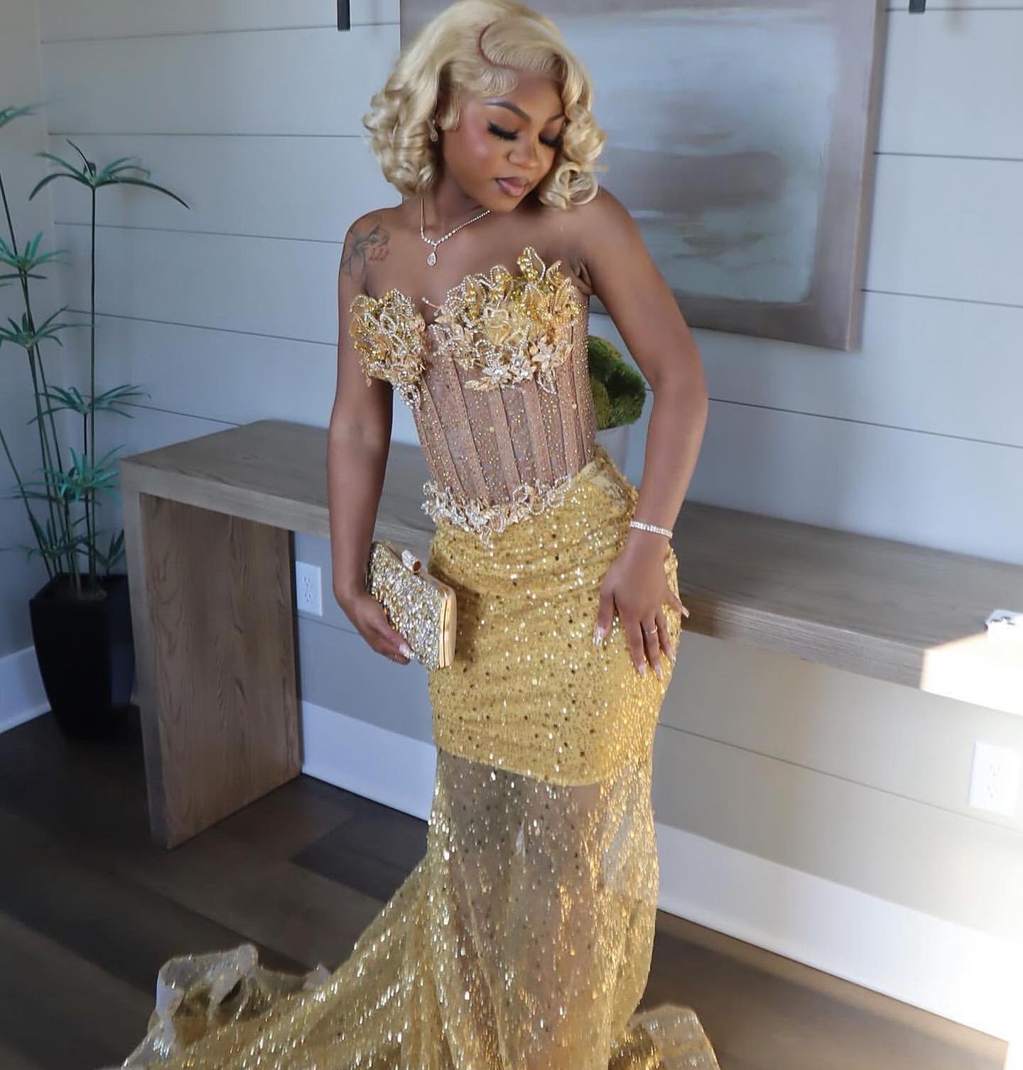African Aso Ebi 2025 Gold Mermaid Prom Dress Sequined Dresses For Special Ocns rals Rhies Evening Formal Party Birthday Second Engagement Gowns