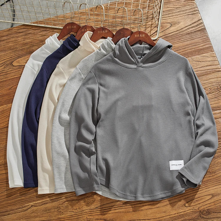 Autumn American Retro 260g Heavy duty Long sleeved Hoodie Waffle Knitted Tshirt Mens Simple Casual Bottom Couple Top 240828