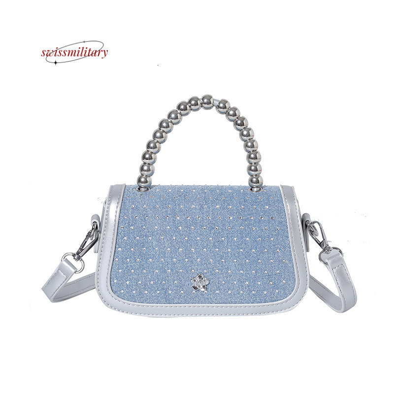 Swissmilitary High end denim rhinestone for women, 2024 summer new trendy single shoulder diagonal cross bag, bead hand-held small square bag