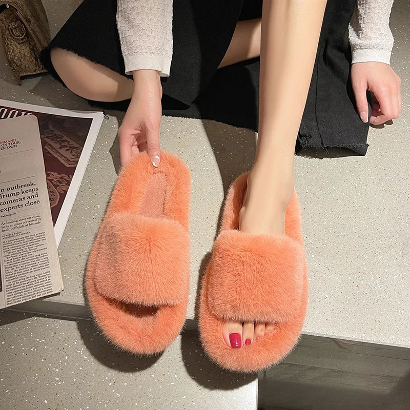 Fluffy winter warm home fur slippers womens plush shoes indoor furry flip cover women filled wool living bedroom 240827
