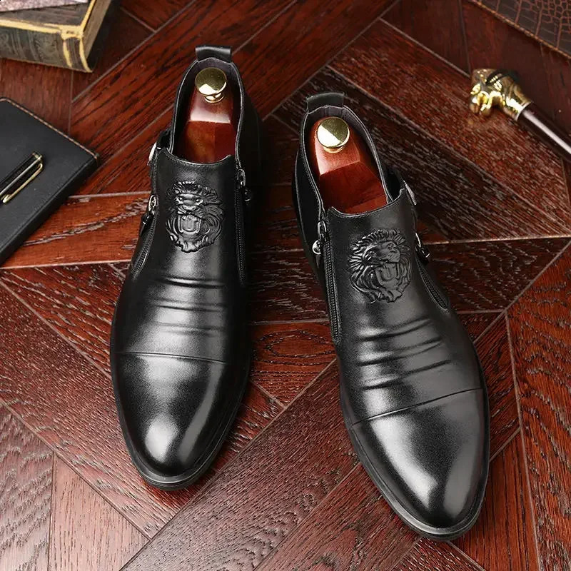 High Top Men Shoes Autumn Mens Casual Leather Shoes Double Sided Zippered Boots Man Ankle Boots Pointed Toe Low 1cm-3cm 240819