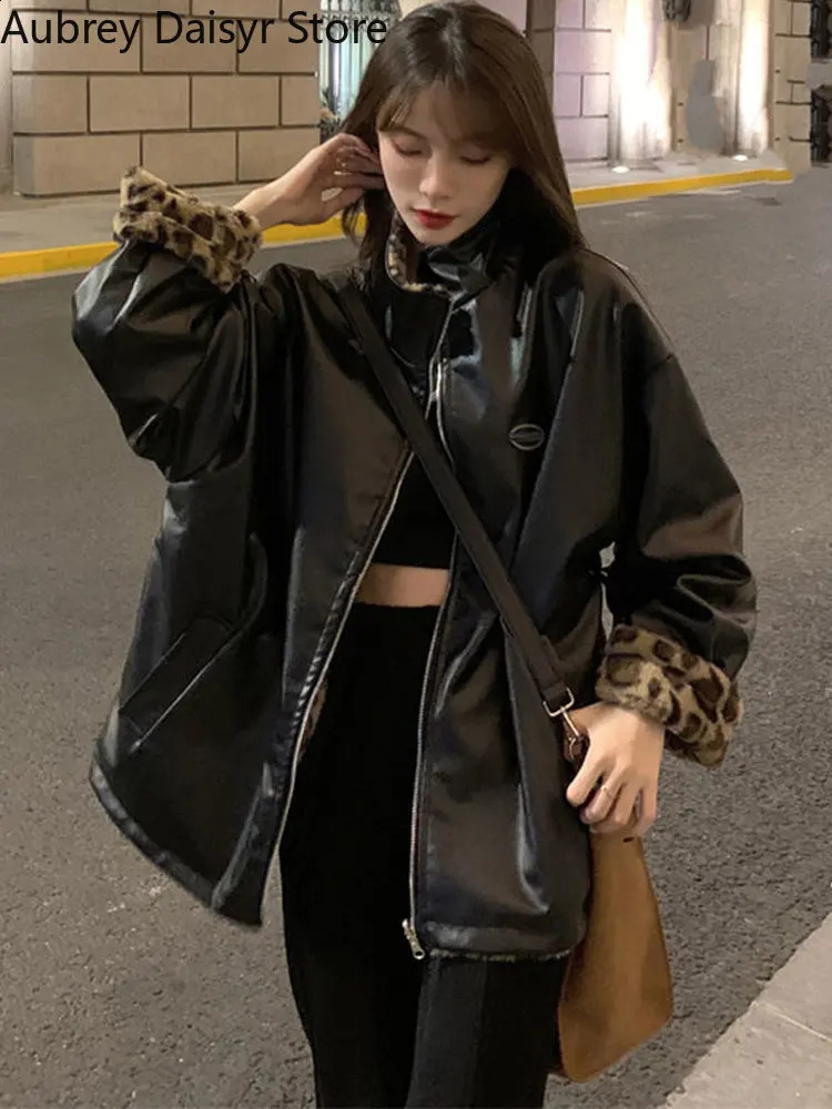 Winter warm leather jacket for women thick leopard print synthetic sheepskin coat Harajuku cedar lined reversible womens coat 240827