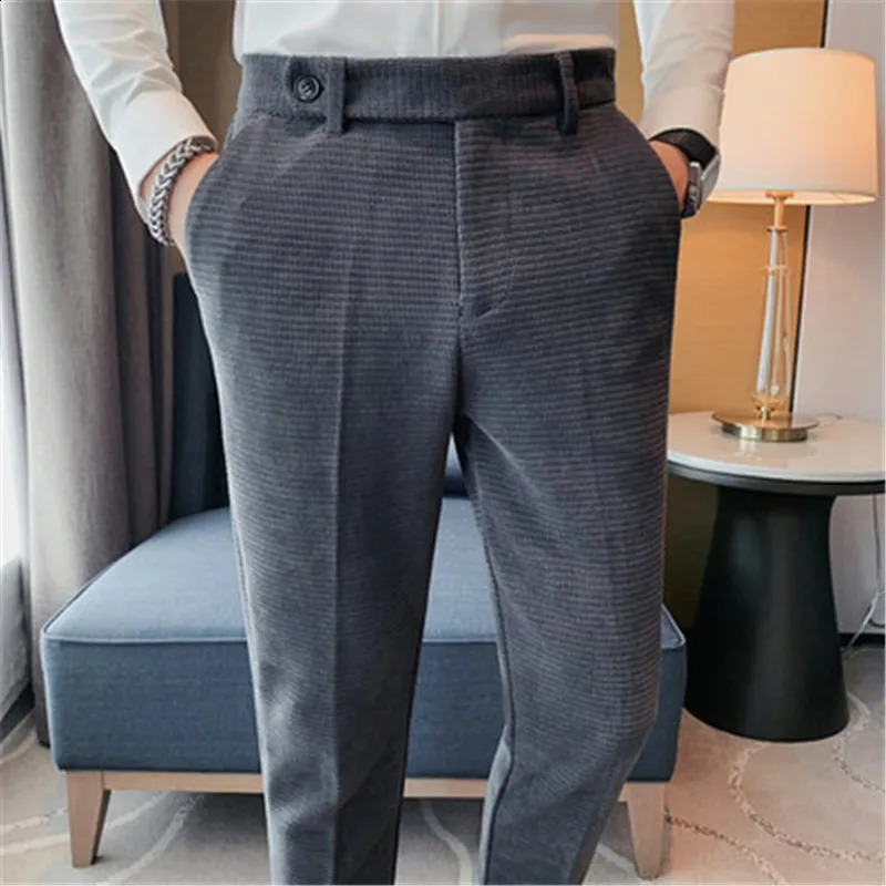 Corduroy set pants chic Neapolitan waist British style mens business social dress pants mens Trouser Pantalones Hombre clothing 240828