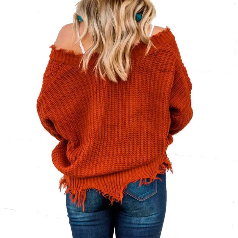 Distressed Women Sweater Autumn Winter Baggy Pullovers Off Shoulder Cropped Sweatshirt Bottom Tassel Fashion Plain Color Sweater 240828