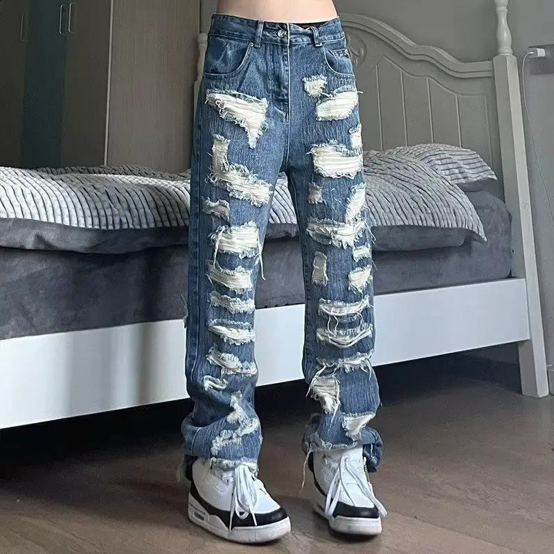 American style ripped old jeans loose 100 pants mens streetwear pocket Y2k torn 240827
