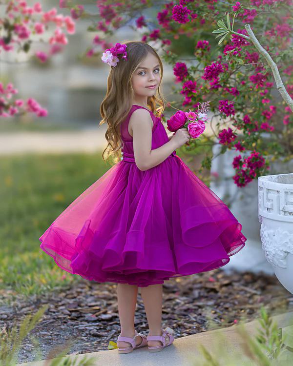 Purple Kids Birthday Dresses Flower Girl Dresses Sheer Neck Pleated Ruffles Tiered Tulle Ball Gowns for Wedding