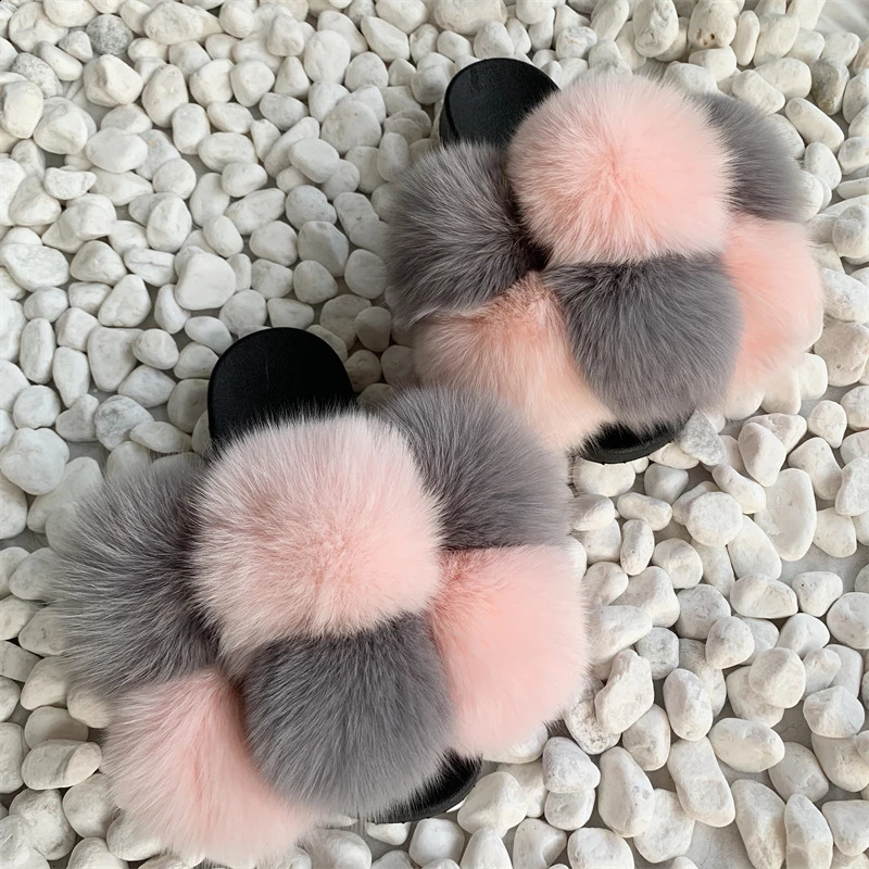 Fur slider factory supplies mixed color Pom six ball fox fur multi-color fluffy fur slider 240827 ww