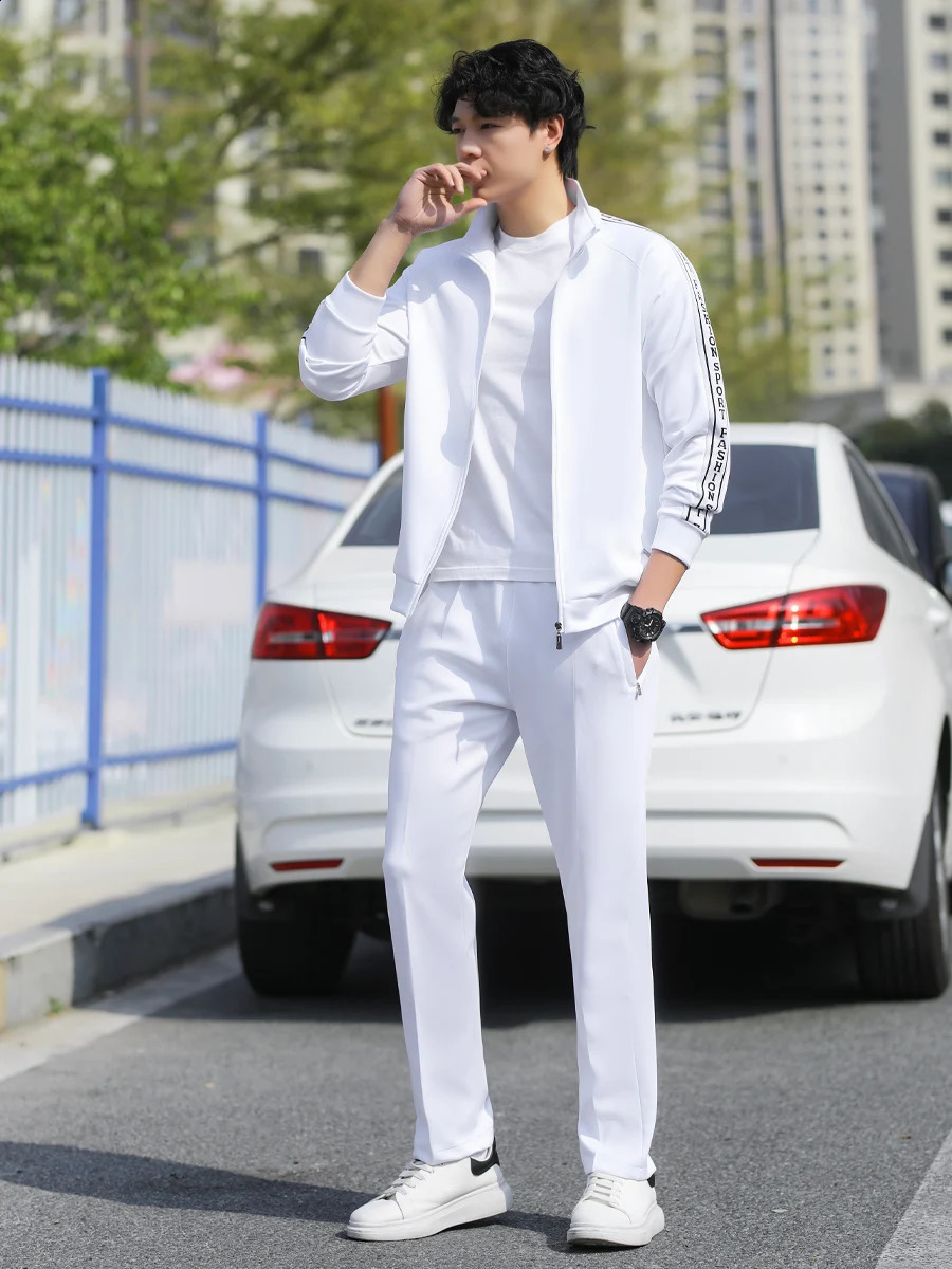 Mens sports shirt set casual white track suit mens spring and autumn set 2-piece ultra-thin sports shirtpants breathable clothing 240827