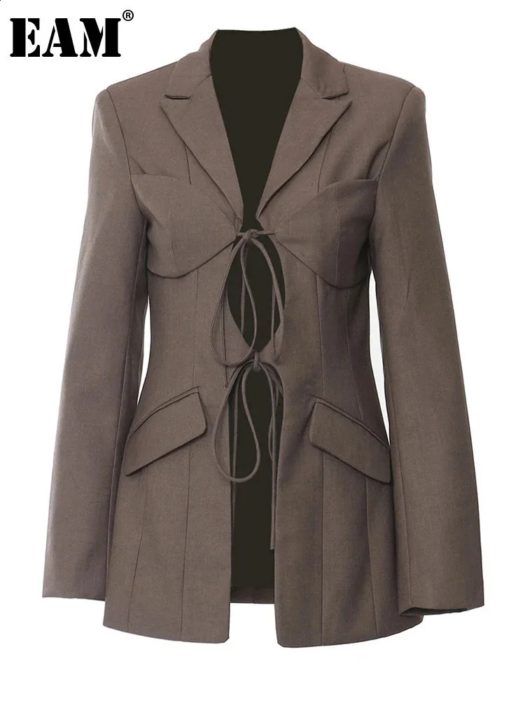 Womens Brown Bandage Hollow Elegant Jacket Collar Long Sleeve Fashion Trend SpringSummer 1DH5200 240827