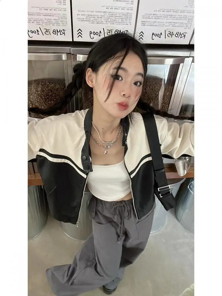Tonngills leather jacket womens casual PU Y2k retro jacket womens patch work streetwear American retro motorcycle jacket leather 240827