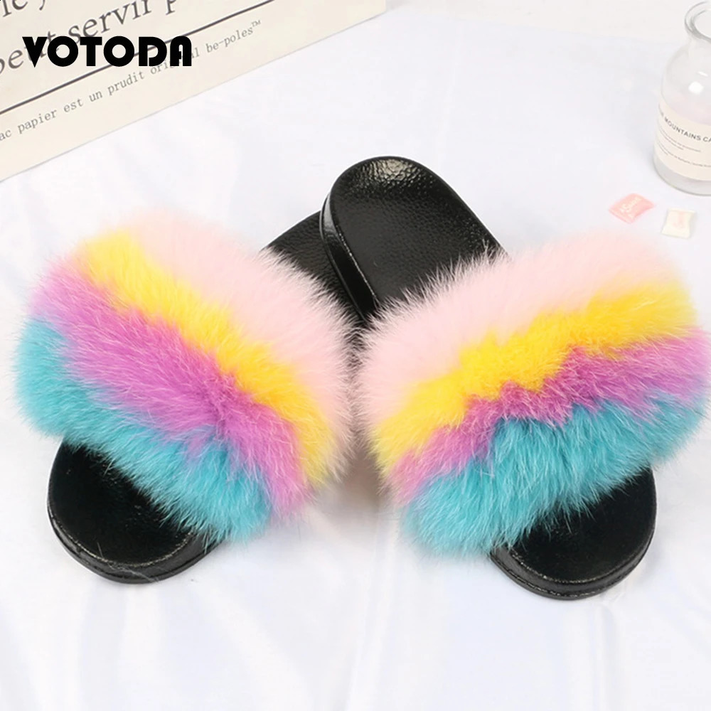 Fur slider womens real fox fur slider indoor flat flip casual Raccon fur sandals plush shoes cute fluffy shoes 240827