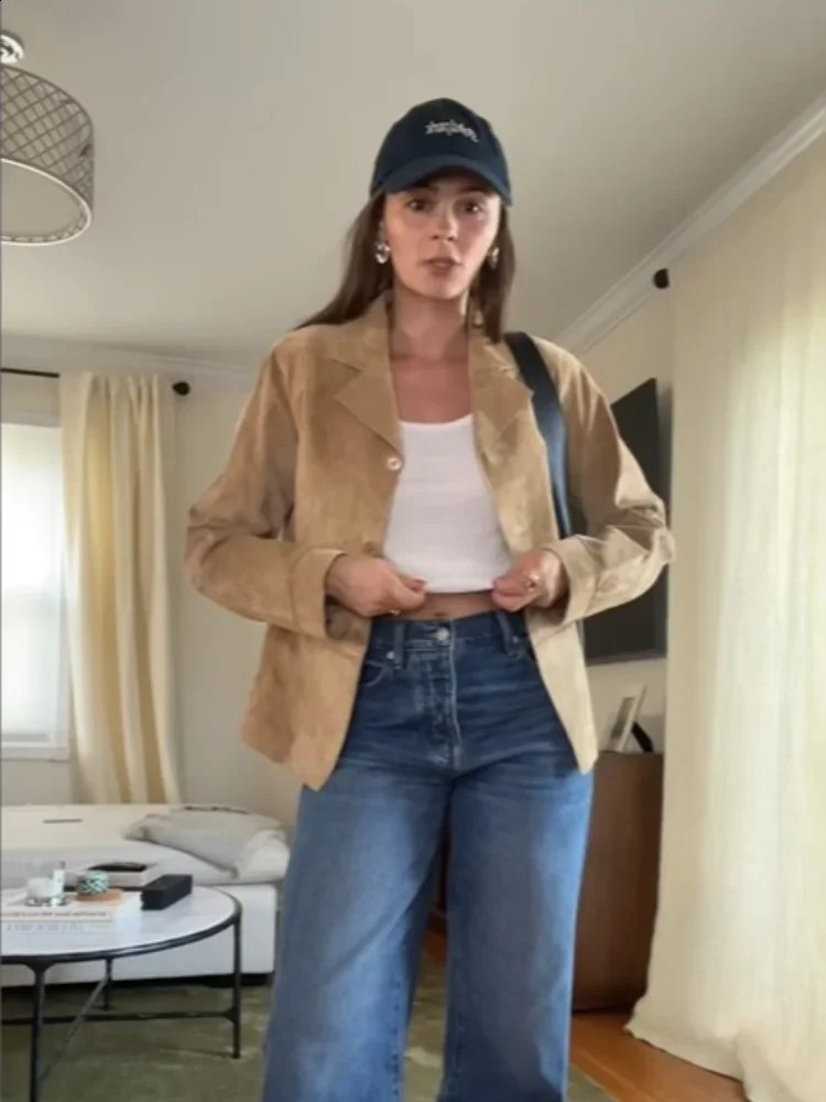 Flip collar single chest crop jacket for women fashionable suede leather long sleeved ultra-thin jacket autumn womens business street jacket 240827